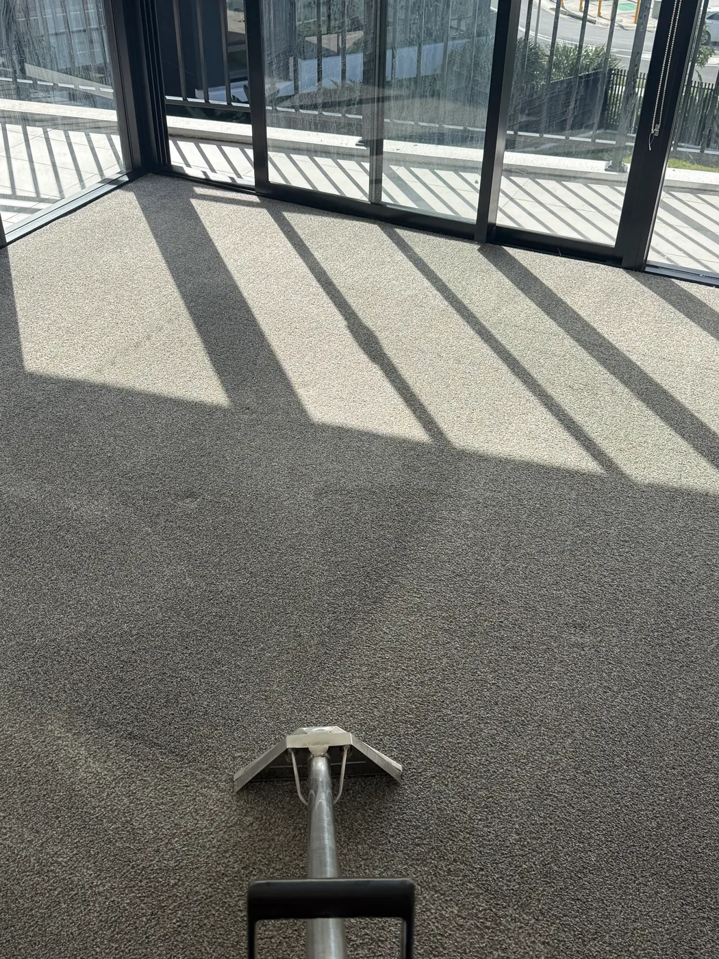 Living area loop-pile carpet during steam cleaning beside floor-to-ceiling windows in Brisbane