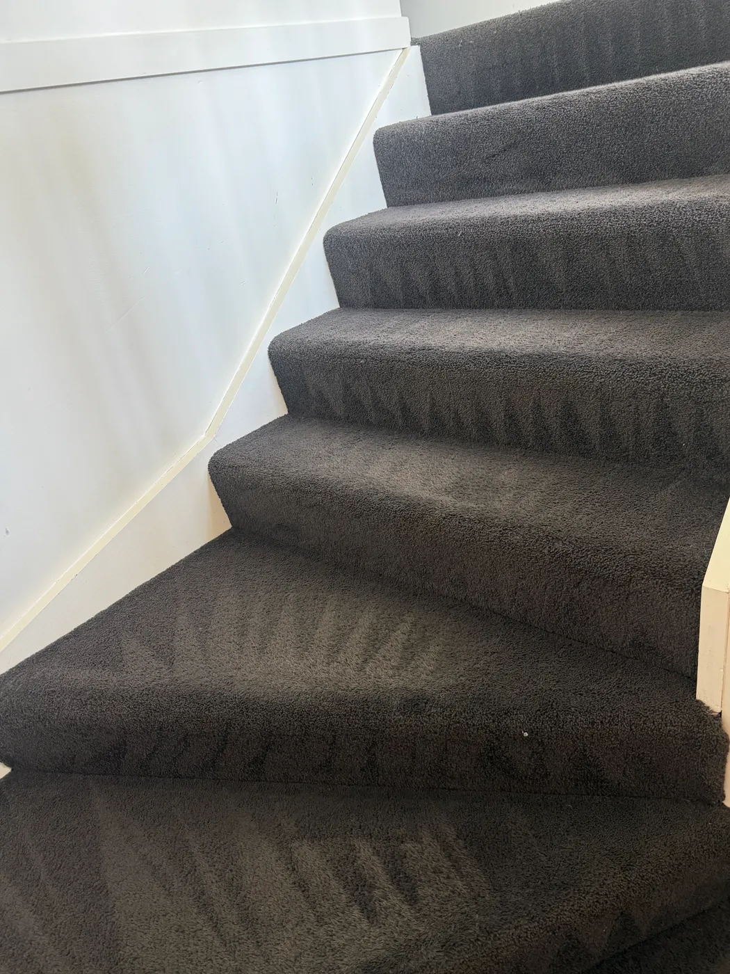 Dark charcoal staircase carpet freshly steam cleaned in a Brisbane townhouse